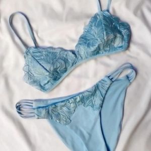 L*Space Jean Top Claude Bottoms Bikini Blue Full Set Satin